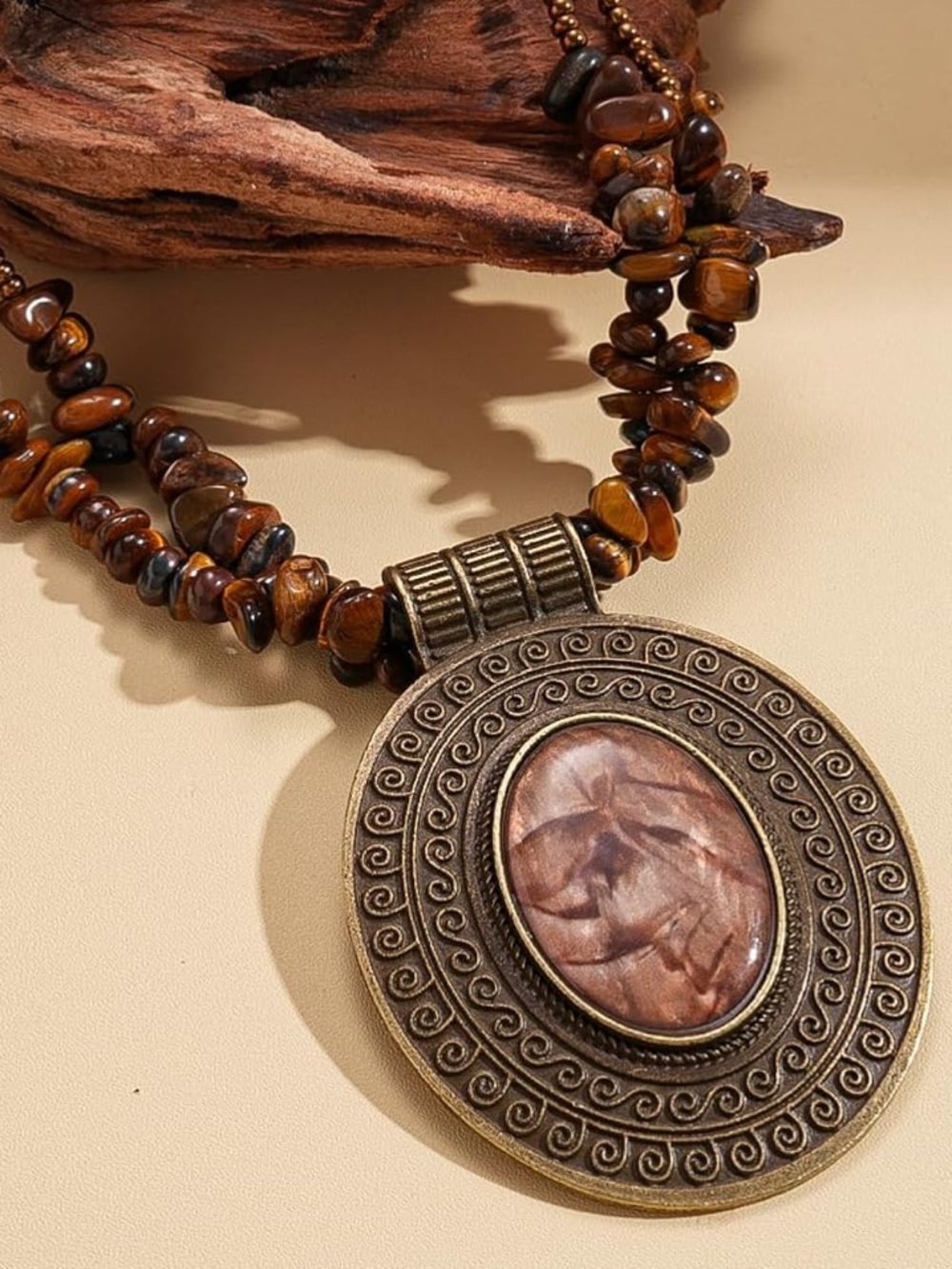 Anthropologie Brown Tiger Eye Disc Pendant Necklace - Picture 7 of 9